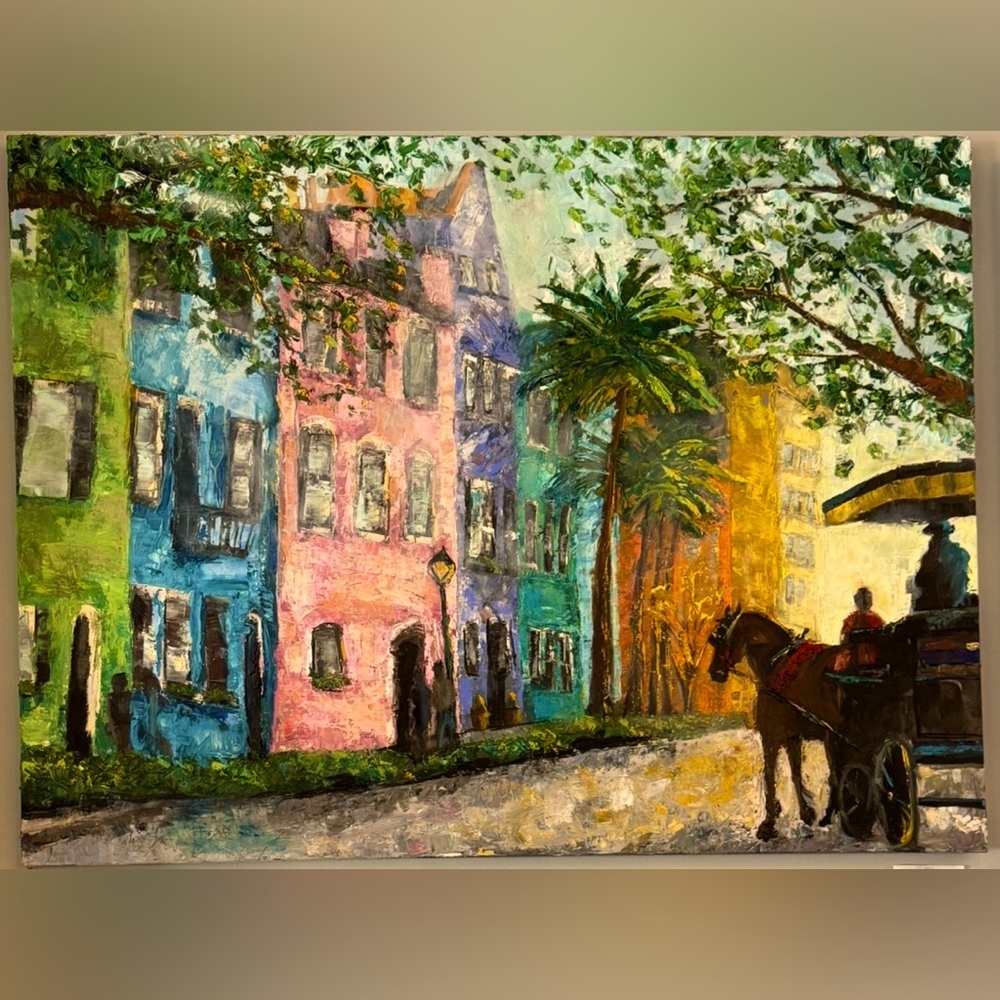 Original oil painting of Charleston South Carolina Rainbow Row carriage horse